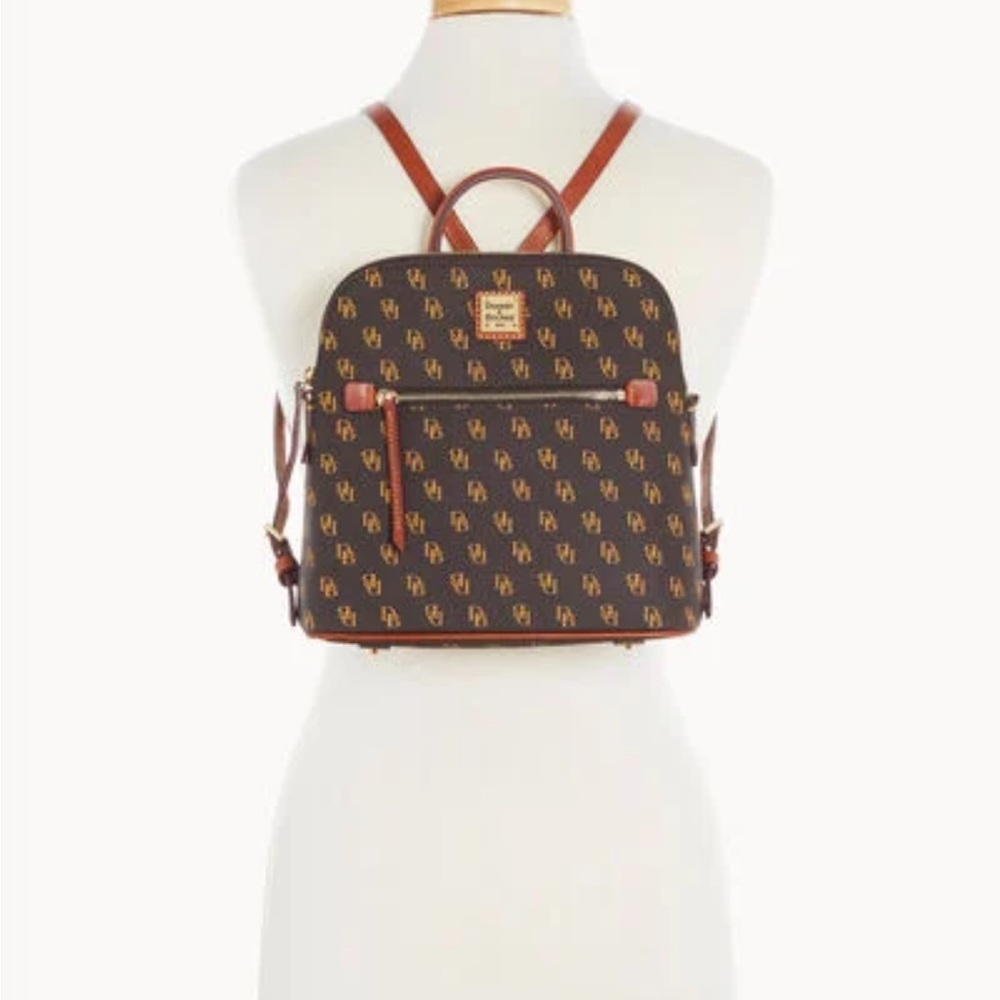 Dooney & Bourke Logo Patterned Backpack in Brown and Tan - Picture 2 of 4